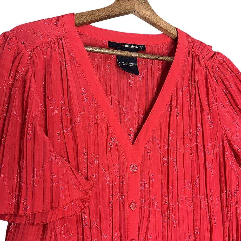 Denim 24/7 Pink Crinkle Blouse Button Front Boho Textured Top Flowy Summer 16W